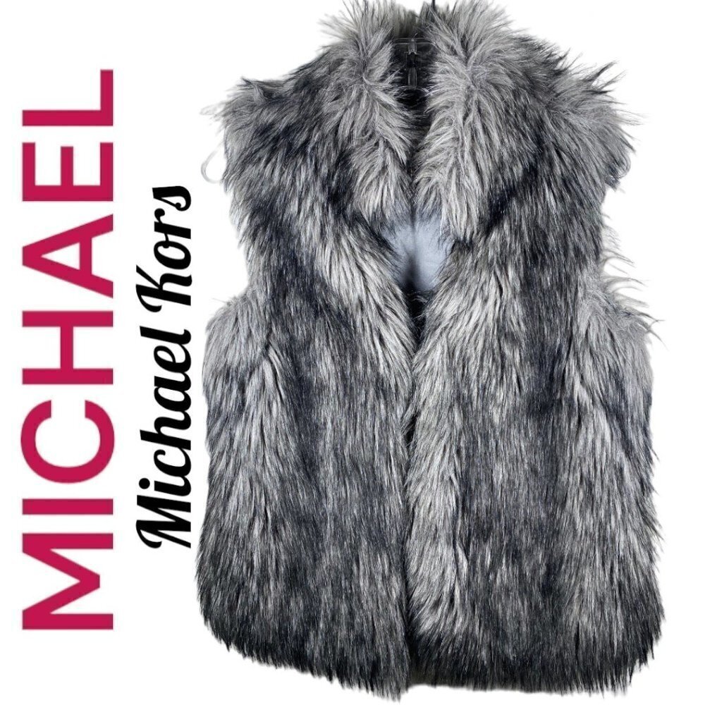 MICHAEL MICHAEL KORS Faux Fur Vest Coyote Gray Black Silver, Size‎ Small